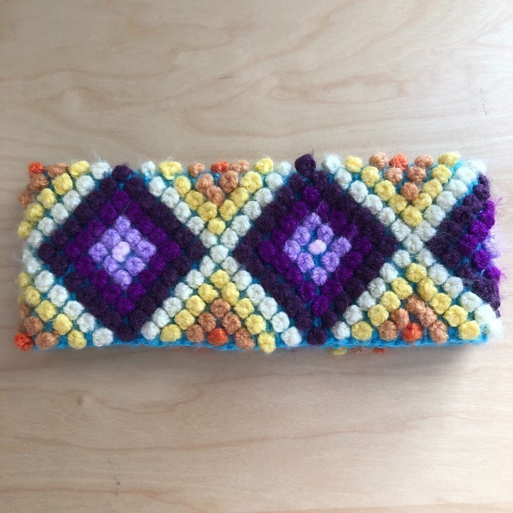 Vintage Wool Diamond Popcorn Knitted Ski Headband Purple Blue Yellow - Picture 1 of 4
